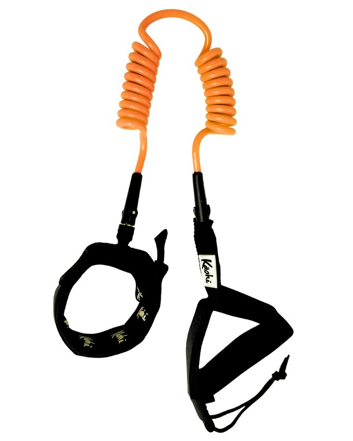 sup wing wing foil leash double coil prone ankle calf cuff surfing hydro foil downwind Hi Viz Orange
