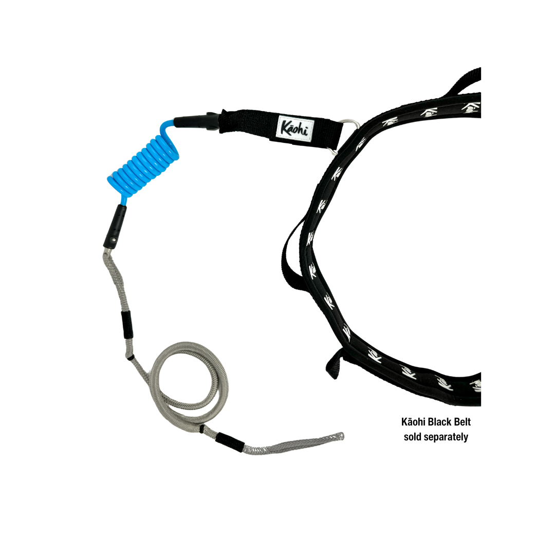 INVIZ leash downwind down wind calf cuff foil hydrofoil stand up paddle sup surf surfing wingfoil wing prone maui hood river dyneema bungee polyurethane waist belt harness black belt Kaohi